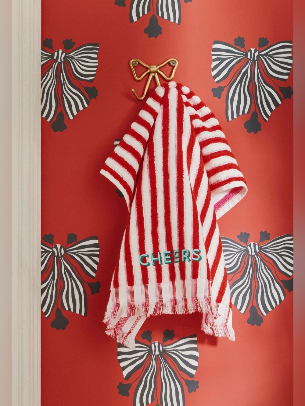 Anthropologie Holiday Striped Embroidered Hand Towel, Red & White